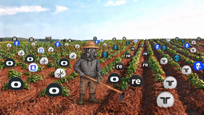 A farmer wearing a gas mask stands in a field with rows of crops, where circular signs display various cryptocurrency protocol logos including "re" (Resolv) and other DeFi project icons, visually illustrating the comparison of capital efficiency and wallet diversification between protocols like @AxisFDN and @re mentioned in the post.