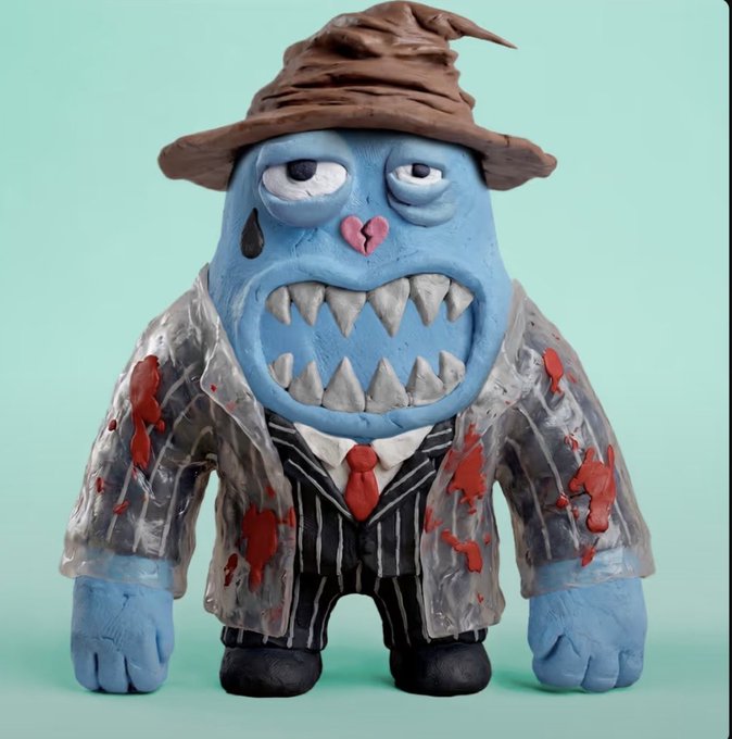A blue claymation monster figure wearing a brown wizard hat and a blood-spattered pinstripe suit with a red tie stands against a mint green background. The grotesque yet cartoonish character reflects the post's enthusiasm for the quirky, stylized art style typical of NFT collectibles like the StockBroker collection mentioned.