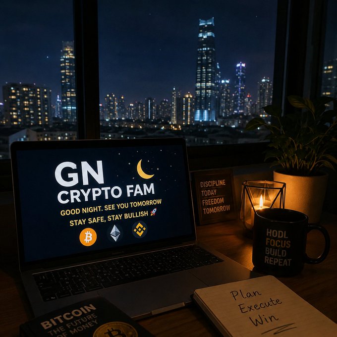 The image shows a laptop computer with Bitcoin books open on its screen, along with a candle and some other items such as a mug and a notebook. The scene takes place at night, with a city skyline visible through a window. The focus of the image is on the laptop displaying the Bitcoin page, which highlights the importance of staying consistent in the crypto space and building one's portfolio over time.