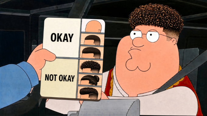An animated scene showing a character with curly hair looking at a flipbook of hairstyles categorized into 'OKAY' and 'NOT OKAY' columns.