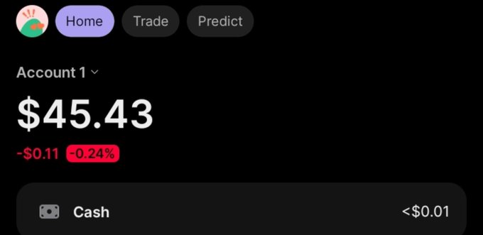 Screenshot of a crypto account labeled “Account 1” showing a balance of $45.43, down $0.11 (-0.24%), with less than $0.01 in Cash. It illustrates the account balance after receiving USDT payment.