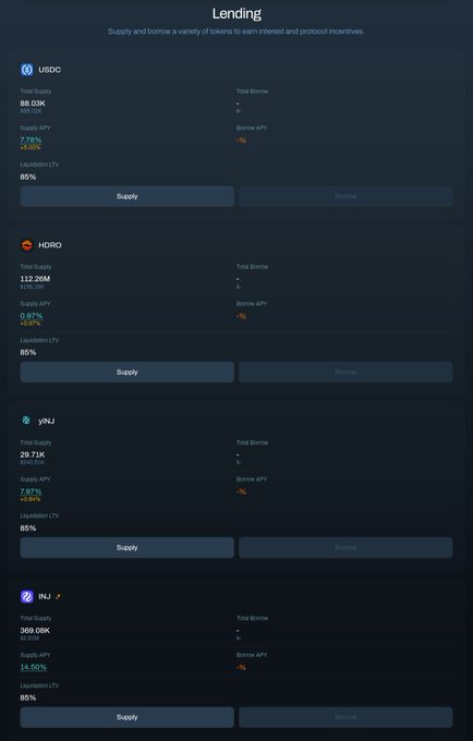 A lending dashboard displays supply and borrow options for tokens including USDC (88.03K total supply, 7.76% APY), HDRO (112.28M supply, 0.67% APY), yINJ (29.71K supply, 7.87% APY), and INJ (389.08K supply, 14.56% APY). The image illustrates the post's concern about Hydro Protocol listing HDRO as collateral, given HDRO's massive 112.28M token supply suggests deep liquidity exists on the platform that could enable manipulative pump-and-extract schemes against lenders.