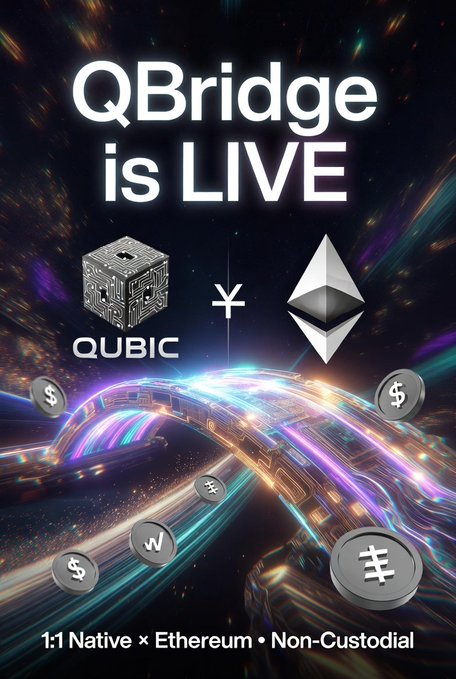 The image features a poster for Qubic, which is an Ethereum-based company that offers natively-portable QR code scanning services. The poster includes a large white block with a black border, displaying the text "QUBIC is LIVE" in bold letters at the top and bottom of the poster. Below this, there are two coins floating in space, one silver and one gold, symbolizing the Qubic ecosystem's non-custodial nature. The image also includes a link to the Qubic website, which provides more information about their services.