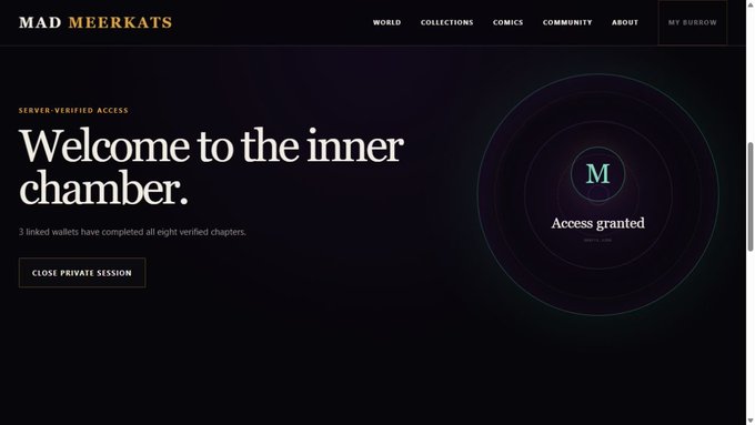 A webpage for 'MAD MEERKATS' with a black background, displaying the text 'Welcome to the inner chamber.' and a circular emblem stating 'Access granted.'