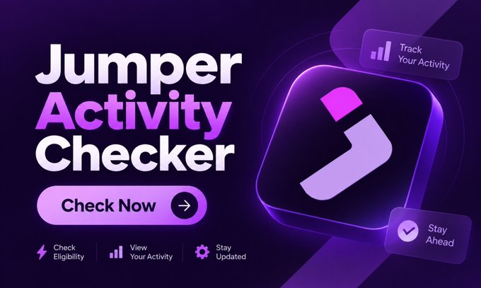 A sleek purple promotional graphic for "Jumper Activity Checker" features the tagline "Check Now" alongside a stylized "J" logo, with icons highlighting "Check Eligibility," "View Your Activity," and "Stay Updated." The design emphasizes the new tool introduced by Jumper (@jumperapp) for users to review their recorded wallet activity via jumper.xyz/scan.