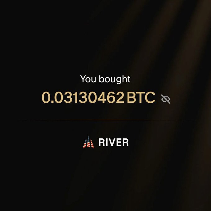 A dark-themed digital receipt showing a Bitcoin purchase confirmation that reads "You bought 0.03130462 BTC" via the platform "RIVER," accompanied by a muted/offline icon. The image aligns with the post "New day, more Bitcoin" by visually celebrating another Bitcoin acquisition.