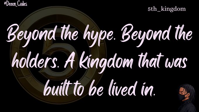 The image features a poster or banner that reads "Beyond the hype. Beyond the holders. A Kingdom that was built to be lived in." The poster has a cartoon illustration of a man wearing a mask, which adds an artistic touch to the overall design. The text on the poster is written in pink and white colors, making it stand out against the black background.