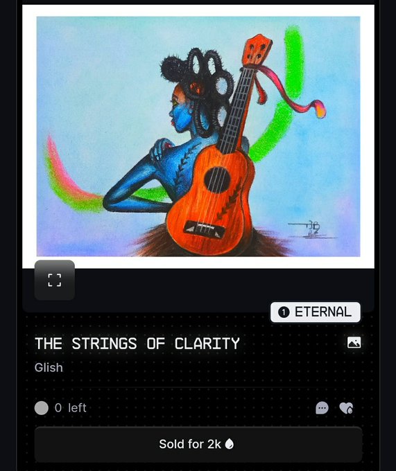 Digital art piece titled 'THE STRINGS OF CLARITY' by Glish showing a blue-skinned figure with dark hair playing a guitar with colorful flowing ribbons, sold for 2k on ETERNAL marketplace.