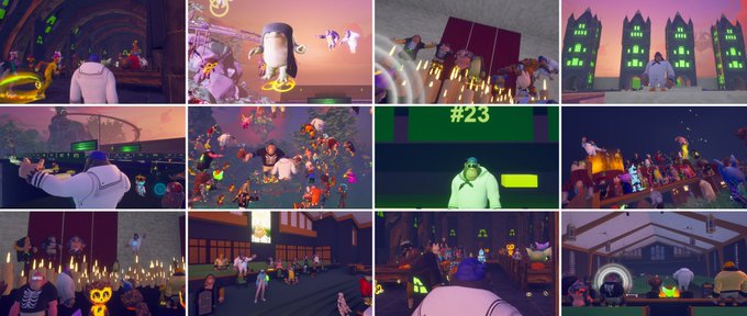 A collage of twelve screenshots from a 3D multiplayer video game showing various characters, environments, and gameplay scenarios including a large white figure labeled '#23'.