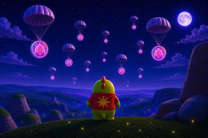 A whimsical digital illustration of a green character in a red jacket with a sun emblem standing on a hill, watching purple parachutes carrying glowing tokens descend from a starry night sky with a full moon.