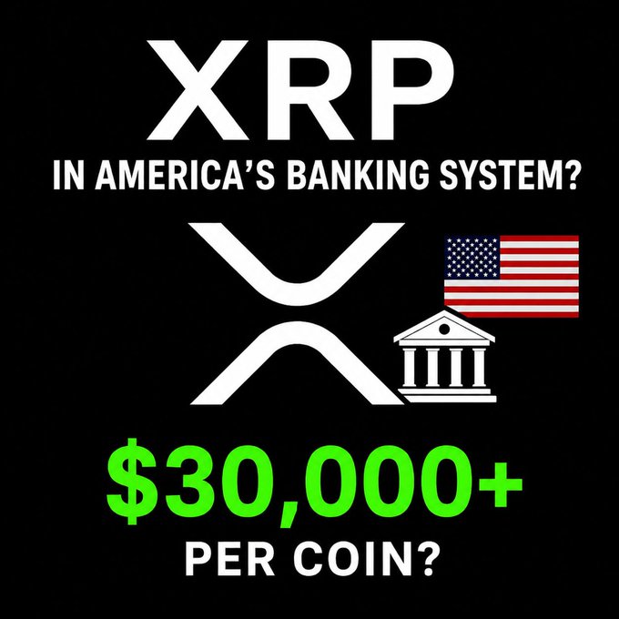 The image asks, "XRP IN AMERICA'S BANKING SYSTEM?" with a graphic featuring the XRP logo, an American flag, and a bank building, leading to the question "$30,000+ PER COIN?". This visual aligns with the accompanying post's discussion of XRP's potential role in the U.S. banking system and future high valuations.