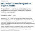 The image shows an article header titled "SEC Proposes New Regulation Crypto Assets," with a subheading noting that the proposal would create a tailored securities framework for crypto rather than treating crypto assets similarly to investment contracts. The text reinforces the accompanying message about SEC Chair Paul Atkins's emphasis on regulatory "clarity," highlighting the SEC's effort to establish a defined framework for digital assets instead of relying on ambiguous securities classifications.