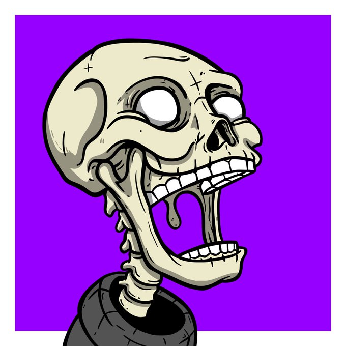 A cartoon skeleton with a wide-open screaming mouth, showing drool and bared teeth, is set against a bright purple background.