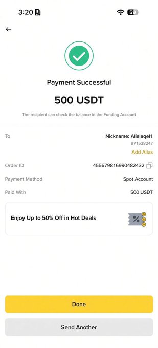 A mobile app screen shows a successful payment of 500 USDT to the nickname 'Allalagel' using a Spot Account.