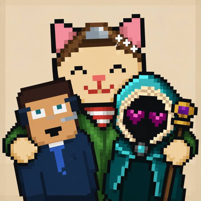 The pixel-art image shows a cat wearing a detective hat alongside a suited man with a monocle and a hooded character with heart-shaped eyes, humorously representing the "CAT" mascot from a crypto/NFT project promoting whitelist access for holders of @realstonkbroker and @MancerXYZ NFTs with limited time remaining to mint.