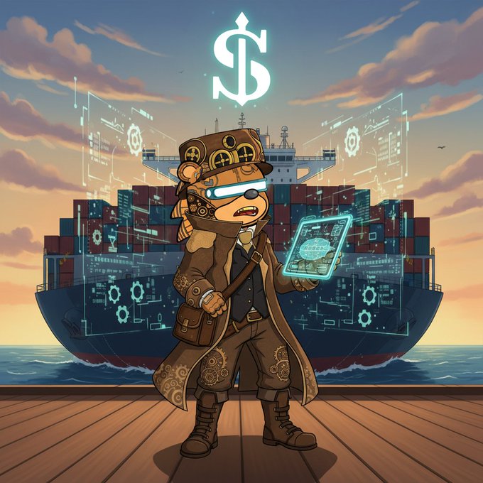 Anime-style illustration of a steampunk bear character wearing goggles and holding a tablet, standing on a dock with a cargo ship and dollar sign symbol in the background