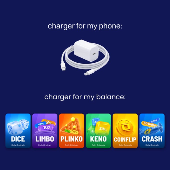 A humorous meme comparing a 'charger for my phone' (showing an Apple charging block) with a 'charger for my balance' (showing six Roll Originals gambling games: Dice, Limbo, Plinko, Keno, CoinFlip, and Crash).