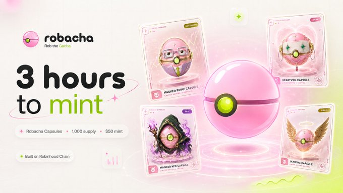 A promotional graphic for "Robacha" advertises its mint event in "3 hours to mint," featuring a central pink capsule surrounded by four illustrated capsule character cards (Katcher, Heartveil, Mancer Hex, and Skywing Capsules), with details noting 1,000 supply at 550 mint, built on Robinhood Chain. The image visually reinforces the priority phase announcement by highlighting the time-sensitive opportunity to mint these unique NFT capsules.