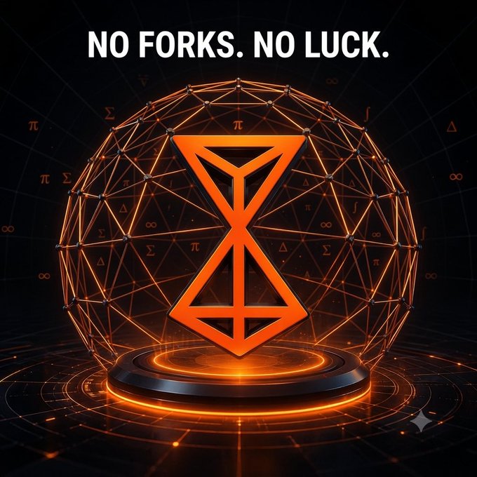 A stylized graphic featuring an orange geometric hourglass-like symbol inside a wireframe sphere with the bold text 'NO FORKS. NO LUCK.' against a dark background with mathematical symbols.