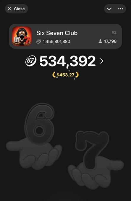 A crypto tracker screen for the 'Six Seven Club' (#2) meme coin showing a price of 534,392 (~$453.27), with 1,456,801,880 supply and 17,798 holders.