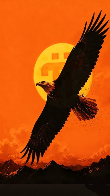 A silhouetted eagle with wings spread wide flying in front of a large sun displaying the Pi (π) cryptocurrency logo, set against a vivid orange sky over dark mountains.