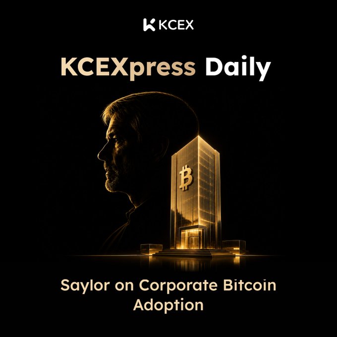 A KCEx promotional graphic titled 'KCEXpress Daily' featuring a silhouette of a man's face merged with a glowing golden Bitcoin tower, with the caption 'Saylor on Corporate Bitcoin Adoption'.