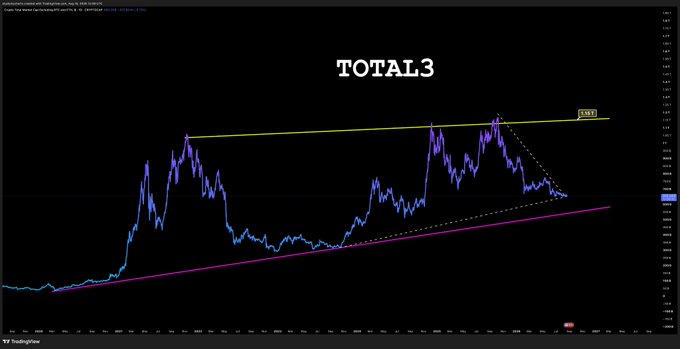 A TradingView chart titled "TOTAL3" displays the crypto market cap (excluding Bitcoin and Ethereum) on a logarithmic scale, showing price action breaking upward through a yellow descending trendline with a "BEST" label, supporting the claim that $TOTAL3 is breaking out.