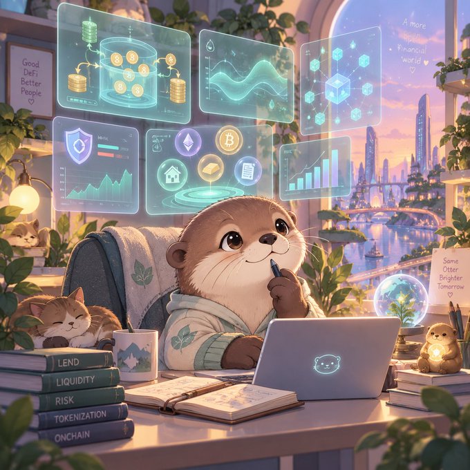 An illustrated anthropomorphic otter wearing a hoodie sits at a desk with a laptop, surrounded by floating holographic screens showing cryptocurrency charts, coins, and DeFi analytics, with books labeled "LEND," "LIQUIDITY," "RISK," "TOKENIZATION," and "ONCHAIN," alongside cats and a small hamster, with notes reading "Good DeFi Better People" and "A more decentralized financial world" and "Same Otter Brighter Tomorrow."