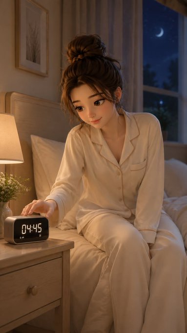 A cozy nighttime scene shows an illustrated young woman in cream-colored pajamas sitting on a bed with her hair in a bun, reaching toward a digital alarm clock displaying '04:45' beside a warmly lit lamp.