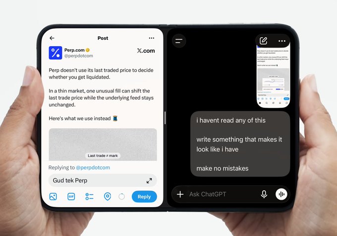 Hands holding a foldable smartphone displaying a split screen: on the left is an X.com post by @perpdotcom about liquidation prices, and on the right is a ChatGPT conversation.