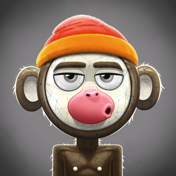 A digital illustration of a cracked ceramic monkey head wearing a red and yellow striped beanie with a blank, tired expression.