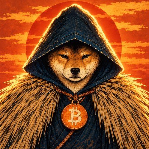A digital artwork of a Shiba Inu dog wearing a dark hooded cloak and a straw cape, set against an orange sunset with a Bitcoin symbol medallion around its neck.