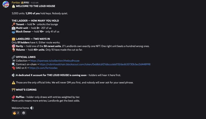 The image shows a Discord welcome message from the "Fortizo #RWA" channel at 11:53 AM, outlining the rules and details for "THE LOUD HOUSE" project, including tiered holdings (Tenant, Multi-unit, Block Owner), landlord NFT requirements (51 holders, 1 per wallet), and official links for collection and contracts. The "sneak peek" caption suggests this is an early preview or initial reveal of the project's community channel and structure.