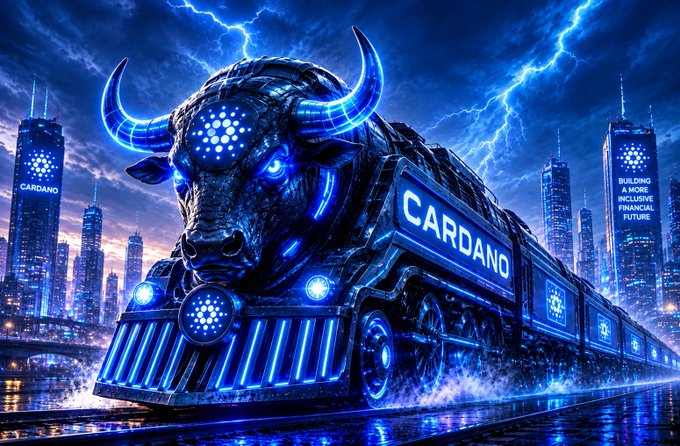 A stylized digital artwork depicting a bull-themed train with glowing blue lights labeled 'CARDANO' racing through a futuristic city under stormy skies with lightning.
