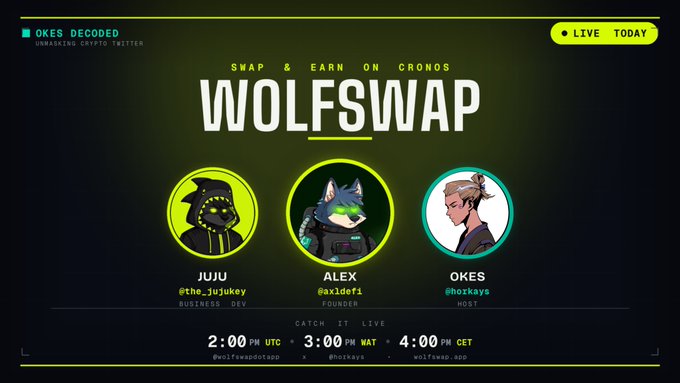 Promotional graphic for "OKES DECODED" featuring a live Twitter Spaces event on Wolfswap with guests Juju (@the_jujukey, Business Dev), Alex (@axldefi, Founder), and host OKES (@hokxays), airing at 2:00 PM UTC / 3:00 PM WAT / 4:00 PM CET—matching the post announcing the discussion with Wolfswap, Cronos' gamified DEX.