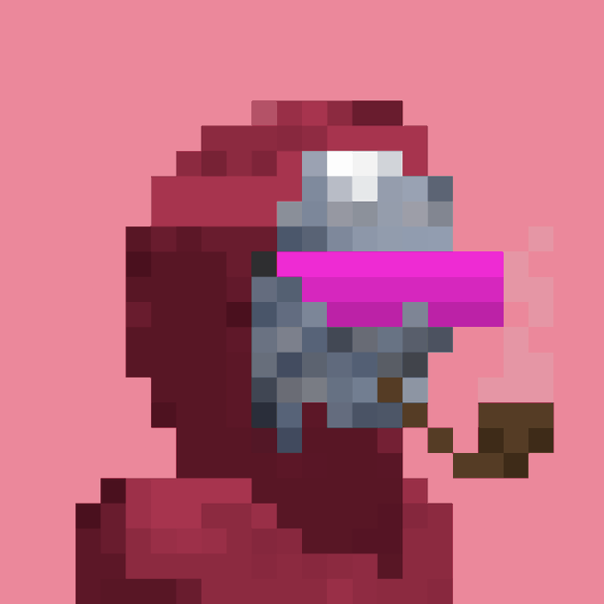 A pixelated portrait of a helmeted figure with a pink/cyan visor on a pink background, resembling a sci-fi character.