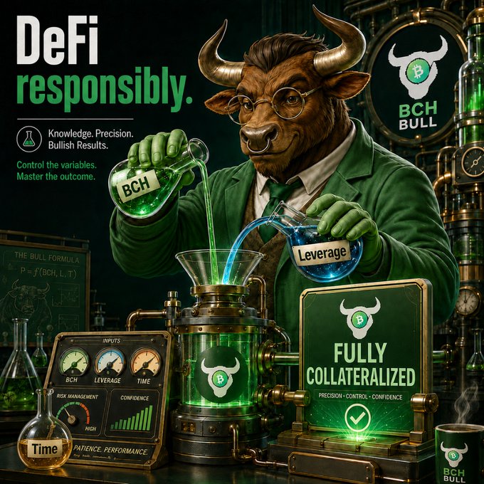 A promotional graphic featuring a bull-headed scientist mixing green BCH and blue 'Leverage' liquids in flasks, with the headline 'DeFi responsibly.' and a 'FULLY COLLATERALIZED BCH BULL' badge, alongside text like 'Knowledge. Precision. Bullish Results.' and 'Control the variables. Master the outcome.'