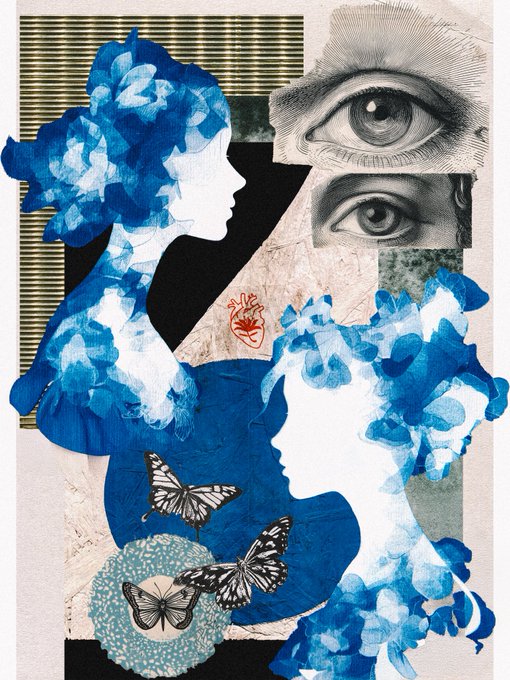 An artistic collage featuring blue watercolor floral silhouettes of women's profiles, vintage eye illustrations, and black butterflies against a mixed-media background.