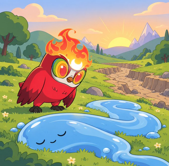 A cartoon illustration of a red owl that has fire/flames on its head, standing in a green grassy field next to a blue puddle/stream that has a sleeping face, with mountains at sunset in the background.