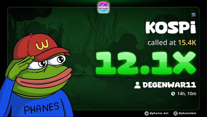 The image shows a green Pepe-style frog character wearing a red cap and a "PHANES" shirt saluting, alongside the text "KOSPI called at 15.4K" with a massive "12.1x" gain highlighted in green, credited to user "DEGENWAR11" with a 14h 10m timeframe. It celebrates a 12x winning call on the $KOSPI token, matching the post's claim of "Massive 12x profits" on the memecoin.