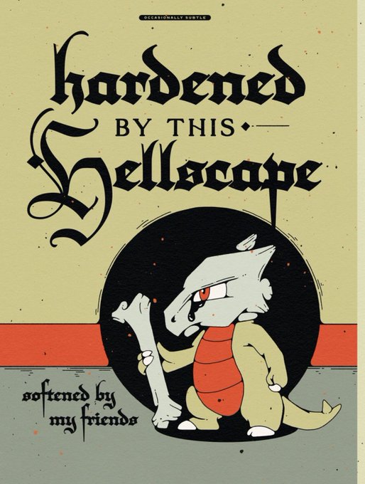 The image shows an illustration of a small dinosaur holding a bone, with the text "Hardened by this hellscape, softened by my friends" styled in gothic font, along with "Occasionally Subtile" at the top. The illustration fits a "gm" (good morning) Web3 greeting by conveying resilience through tough times while leaning on community, making it a fitting motivational message to kick off August.