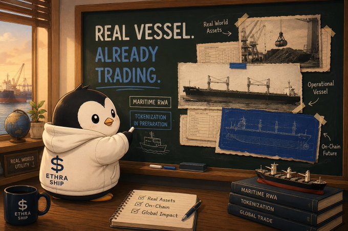 A penguin mascot wearing an 'ETHRA SHIP' hoodie stands before a chalkboard reading 'REAL VESSEL ALREADY TRADING' with sections for 'MARITIME RWA' and 'TOKENIZATION IN PREPARATION', alongside diagrams of ships and maritime assets.