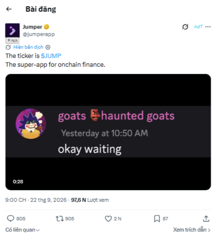 The image shows a tweet from Jumper (@jumperapp) revealing that "The ticker is $JUMP" for their onchain finance super-app, along with a screenshot of a Discord conversation where a user named "goats 🐐haunted goats" replies "okay waiting" to an announcement made "Yesterday at 10:50 AM." The post has 805 likes and retweets, hinting at Jumper's upcoming Token Generation Event (TGE) where they plan to raise funds through a $JUMP token sale on Legion after separating from LI.FI.