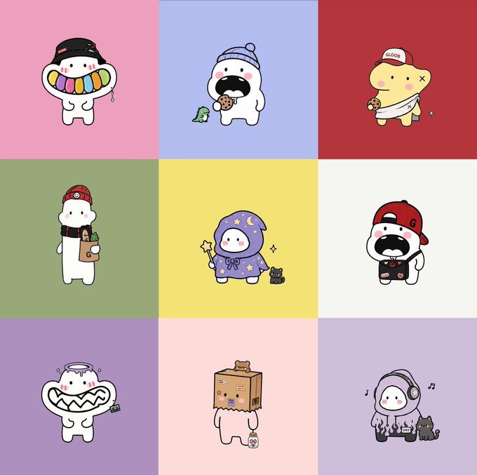 A 3x3 grid of nine cute cartoon characters with round white bodies wearing various costumes and accessories against pastel-colored backgrounds.