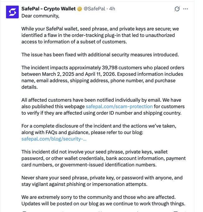 A screenshot of a statement from SafePal - Crypto Wallet (@SafePal) addressing a security incident affecting approximately 39,798 customers due to a flaw in an order-tracking plug-in, with links to safepal.com for further information.