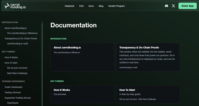 Documentation webpage for carotfunding.io, a trading platform, showing navigation menu items including Introduction, Get Funded, and Trading Experience sections.
