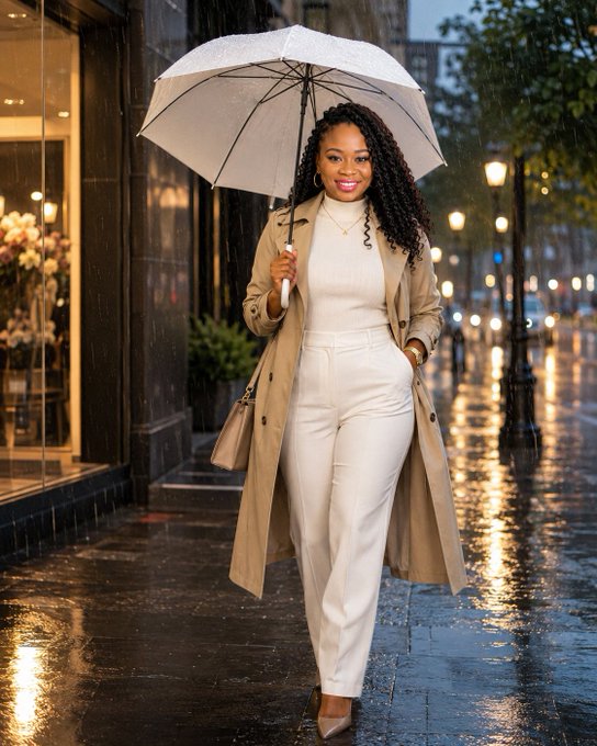 A woman in a cream-colored outfit walks confidently under a white umbrella on a rainy city street. The image's theme of navigating a downpour metaphorically aligns with the post's message about BeldexCoin's new QuickEx feature simplifying asset swaps by removing friction from the user experience.