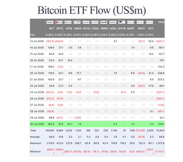 Data table titled 'Bitcoin ETF Flow (US$m)' displaying daily inflows and outflows for various Bitcoin ETFs including IBIT, FBTC, BITB, ARKB, BTCO, EZBC, BRRR, HODL, BTCW, GBTC, and BTC from 15 Jul 2024 to 30 Jul 2024.