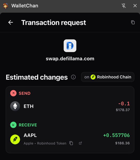 A screenshot of a WalletChan transaction request from swap.defillama.com on Robinhood Chain, showing a swap of -0.1 ETH ($178.37) for +0.557706 AAPL (Apple · Robinhood Token, $186.36).