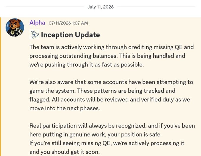 A Discord-style announcement post dated 'July 11, 2026' by 'Alpha' titled 'Inception Update,' addressing community concerns about crediting missing QE, processing outstanding balances, and tracking accounts attempting to game the system.